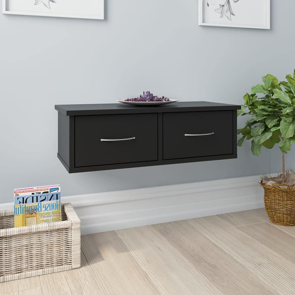 vidaXL Wall-Mounted Drawer Shelf Home Indoor Bedroom Hallway Shelving Side Cabinet Floating Wall Shelf Furniture Black Engineered Wood