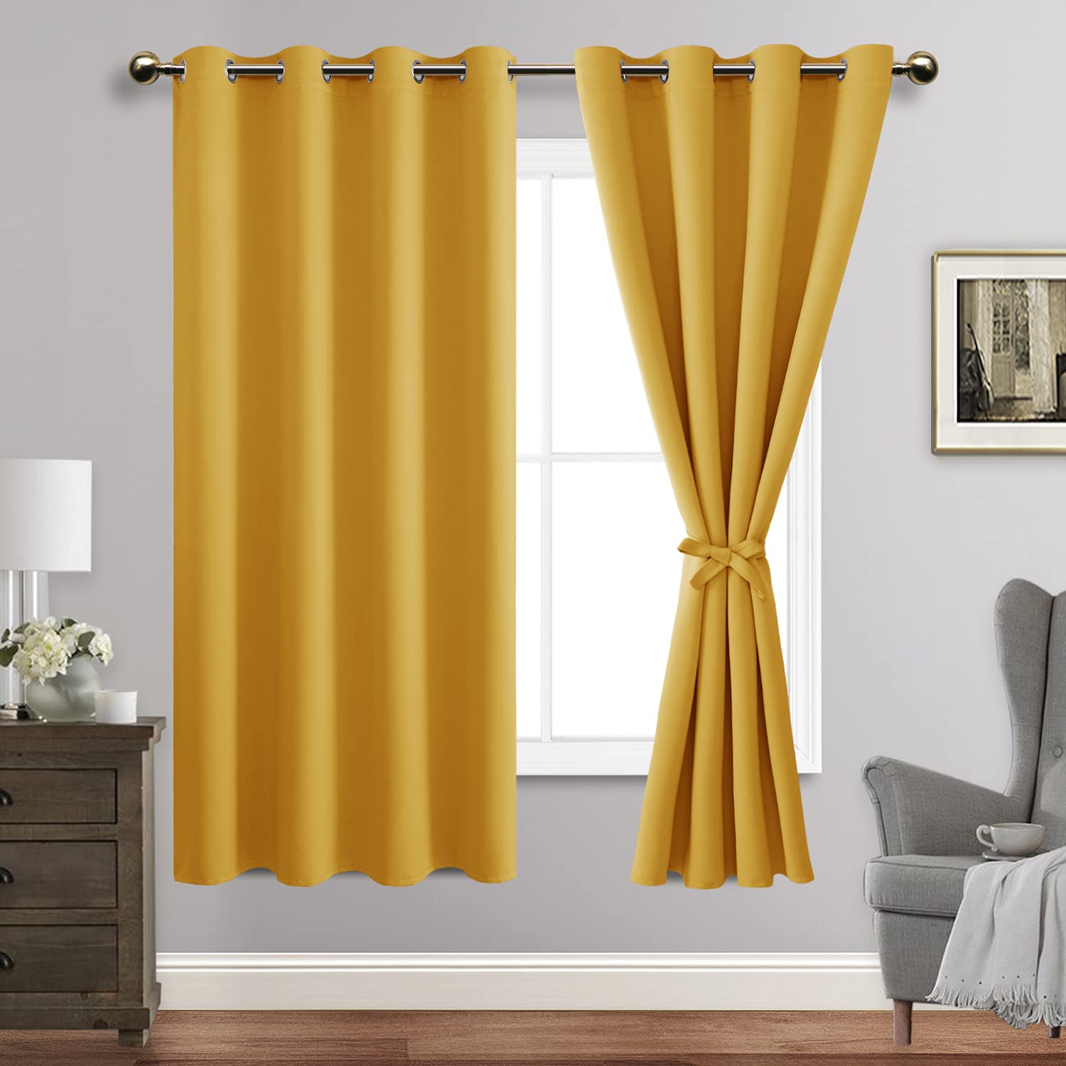 Jiuzhen Blackout Curtains With Tiebacks - Thermal Insulated, Light Blocking And Noise Reducing Grommet Curtain Drapes For Bedroom And Living Room, Set Of 2 Panels, Yellow, 52 X 63 Inch Length