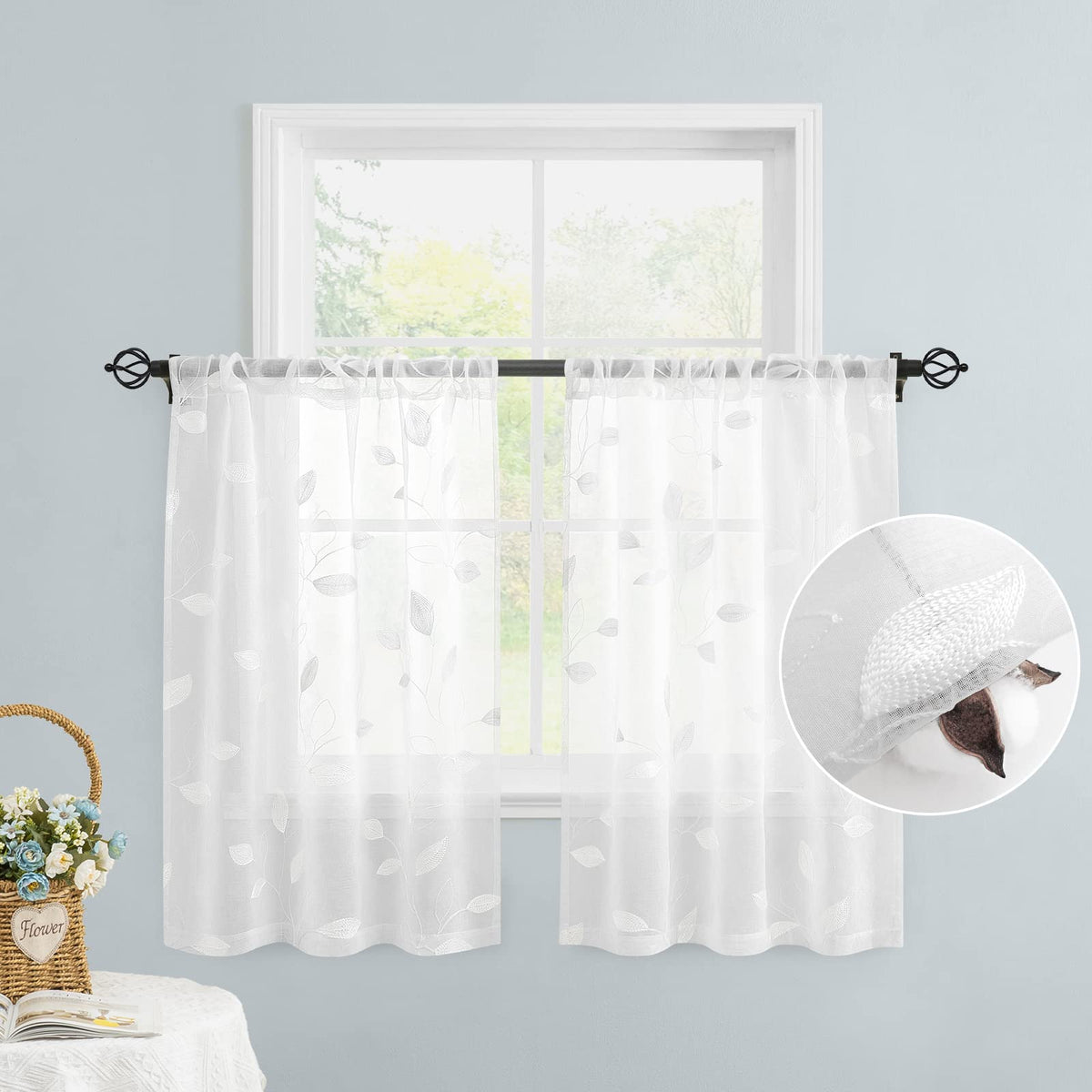 Homeideas White Sheer Kitchen Curtains 30 X 24 Inch Length 2 Panels Embroidered Leaf Pattern Short Curtains For Small Window Val