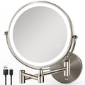 GREENFROM Rechargeable Wall Mounted Makeup Mirror Brushed Nickel, 8.5   Magnifying Mirror with Lights Double-Sided 1X/10X 360 