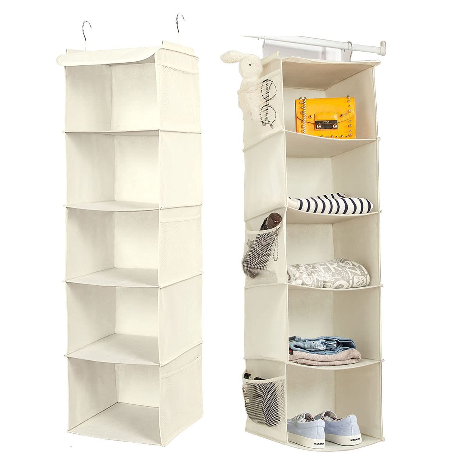 BrilliantJo 5 Shelves Hanging Closet Organizer, 2 Pack Hanging Storage with 6 Side Pockets for Clothes Shoes, 43 x12 x12 (Beige)