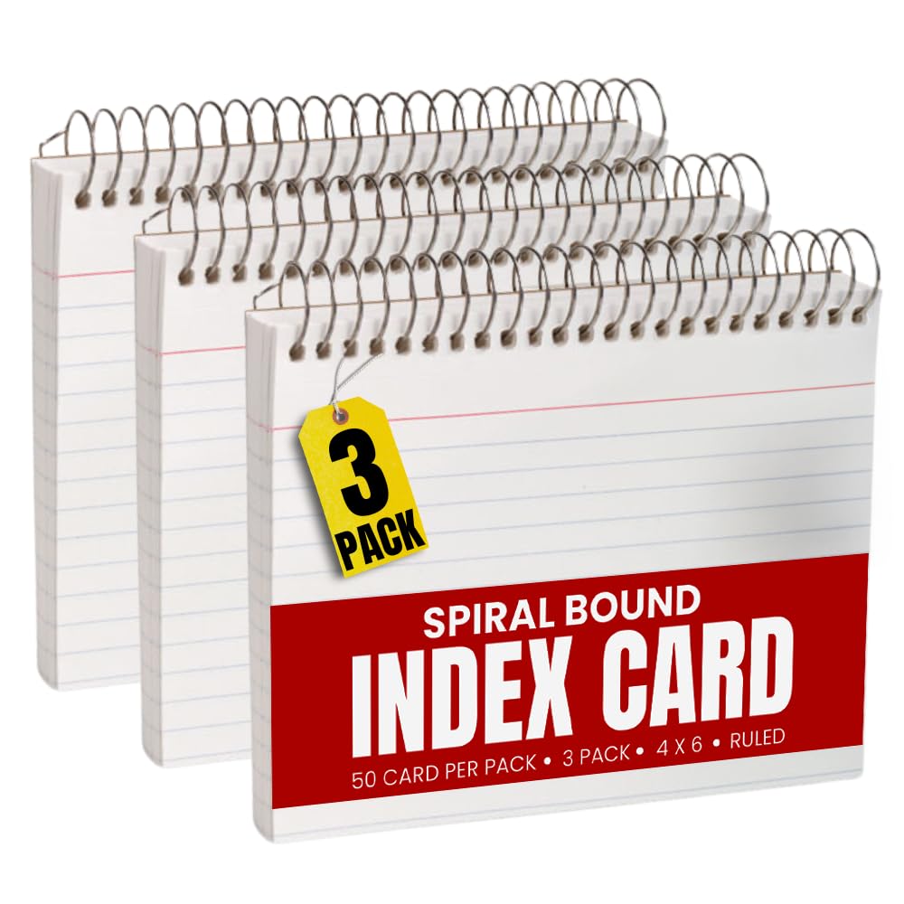 1Intheoffice Spiral Bound Index Cards 4X6 Ruled, White, 50 Cards/Pack, 3 Packs