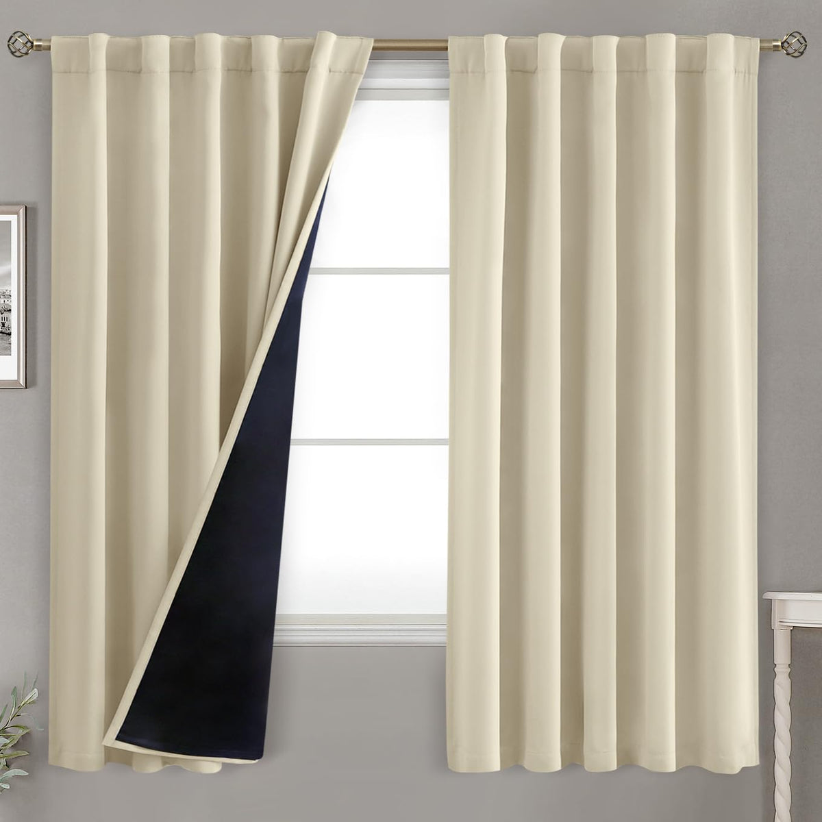 Bgment Beige Full Blackout Curtains With Thermal Insulation Liner Curtains 63 Inches Long,Rod Pocket And Back Tab Double Layer R