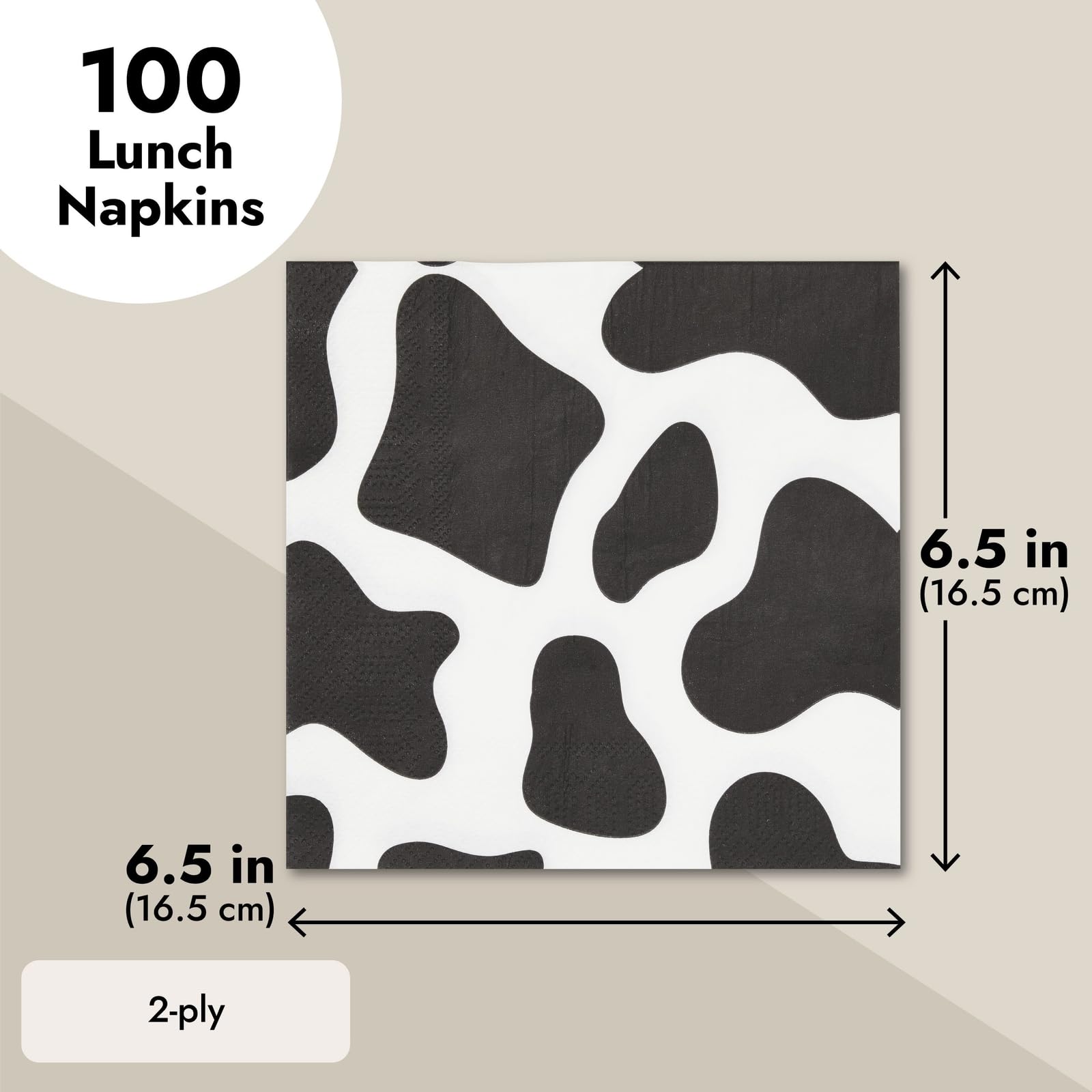 Blue Panda - 100 Pack Cow Print Napkins For Farm Animal Birthday Party Supplies (2-Ply, 6.5 X 6.5 In)