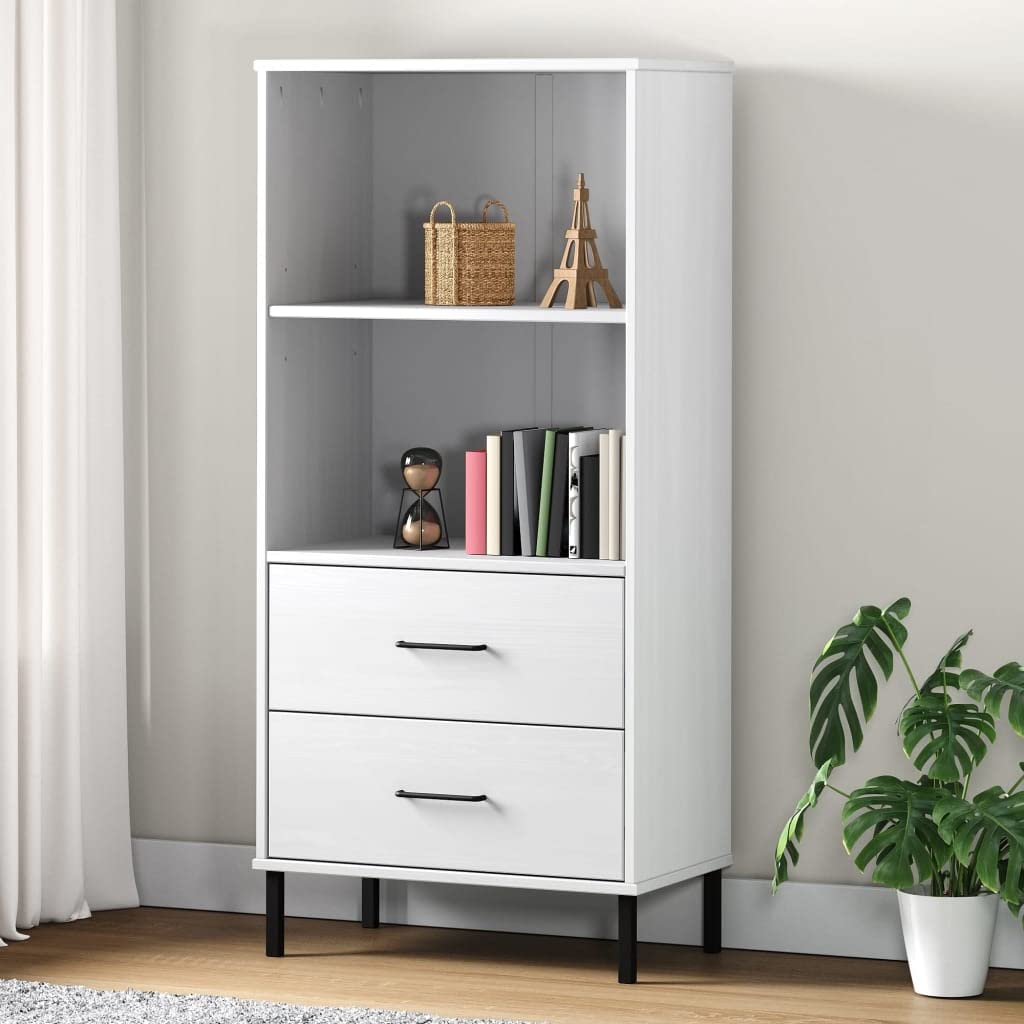 vidaXL Oslo Solid Wood Bookcase with 2 Drawers and Compartments - Rustic Charm Metal Hardware, White