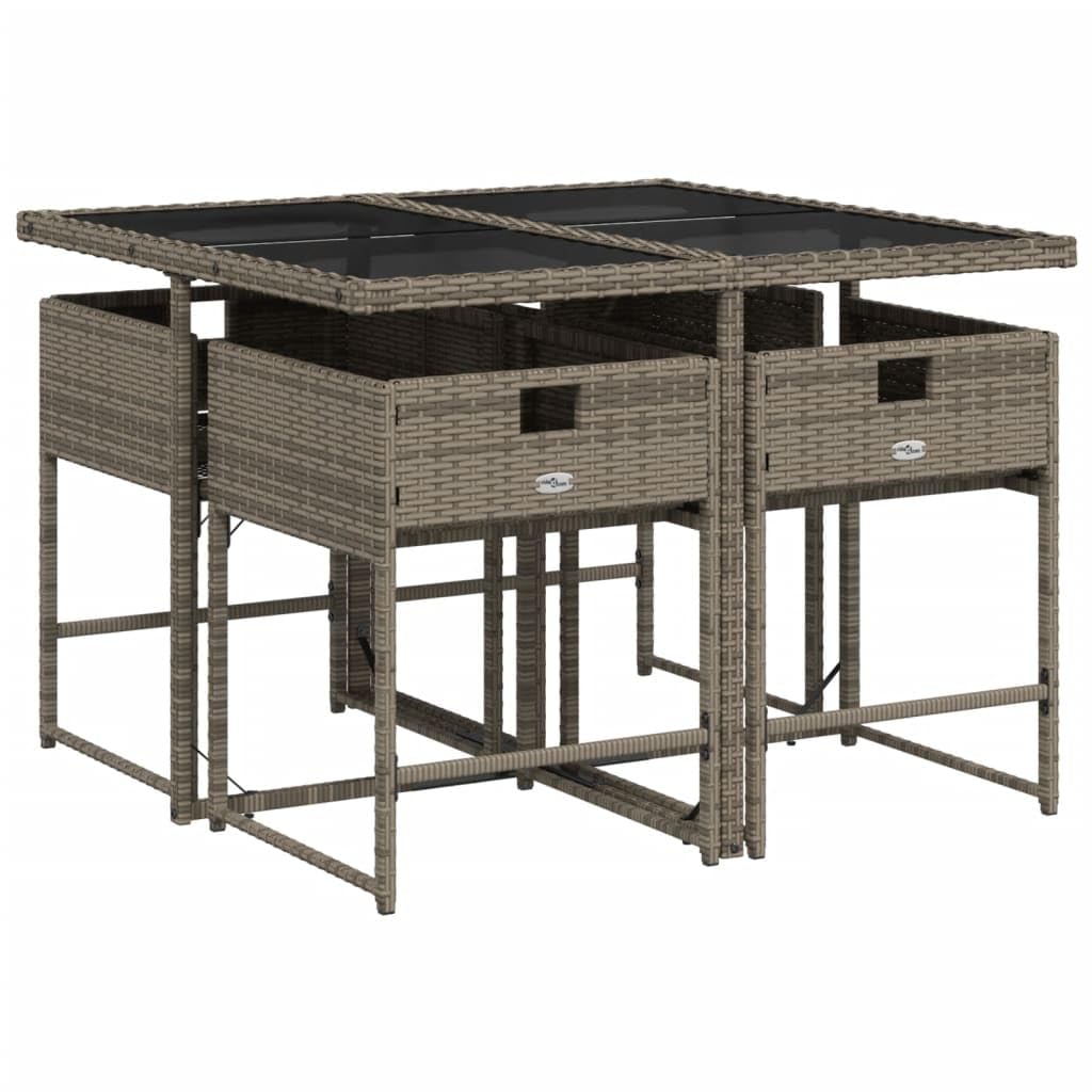 vidaXL 5 Piece Patio Dining Set - Gray Poly Rattan Furniture with Cushions and Glass Table - Outdoor/Garden/Backyard