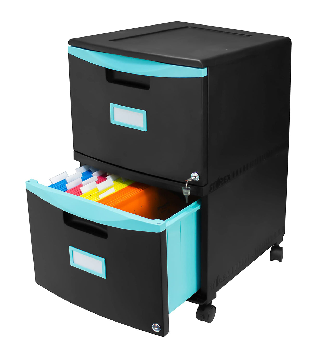 Storex Plastic Two-Drawer File Cabinet – Locking Document Organizer With Casters For Home And Office, Black, 1-Pack (61315U01C)