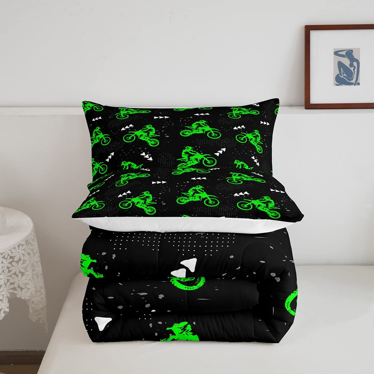 Feelyou Boys Dirt Bike Bedding Set Cool Sports Comforter Set For Kids Boys Motocross Rider Comforter Fluorescent Green Bike Quil