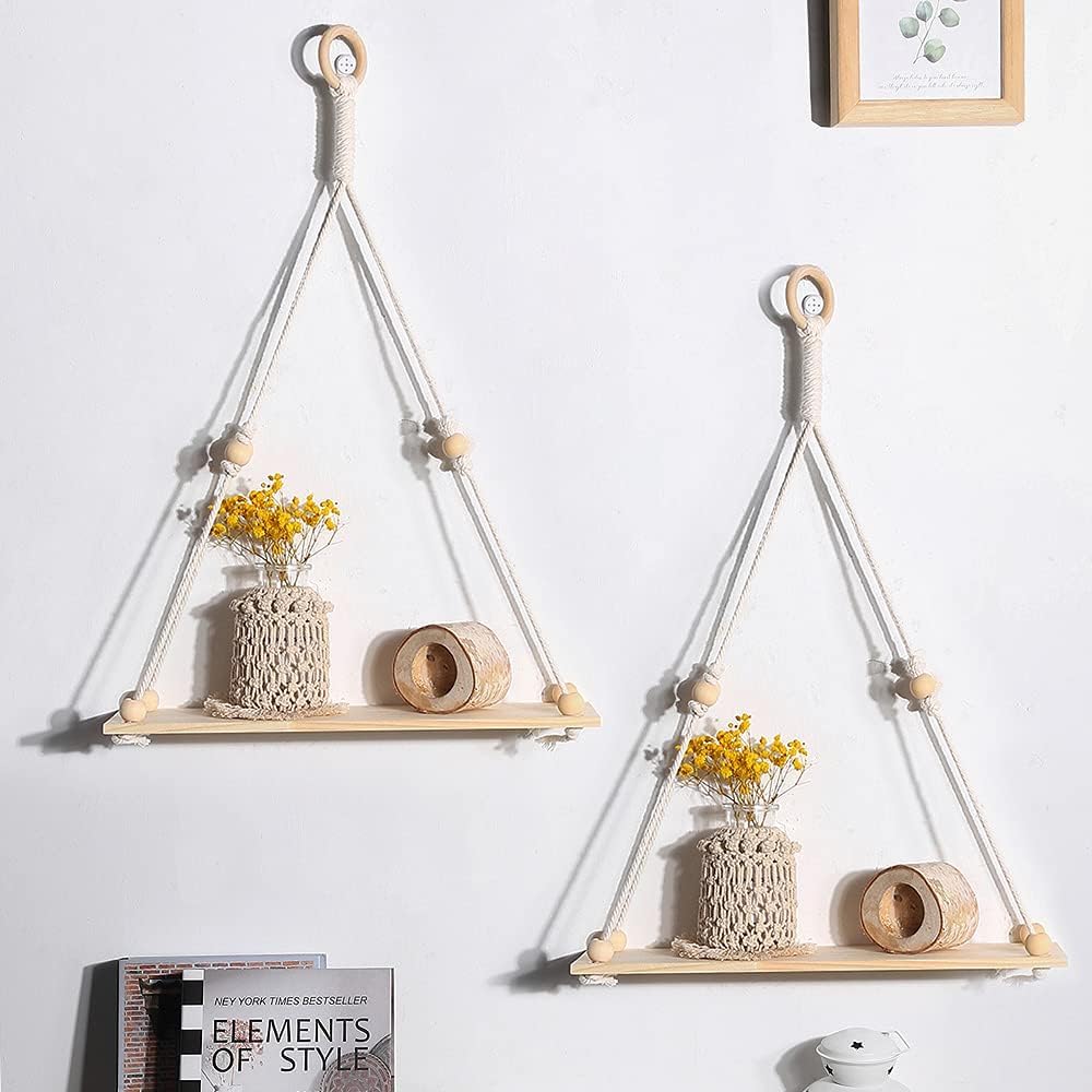 Daruh Craft Macrame Wall Hanging Shelf Wood Floating Storage Boho Woven Decor Shelves Wooden Ring And Beads For Display Bedroom 