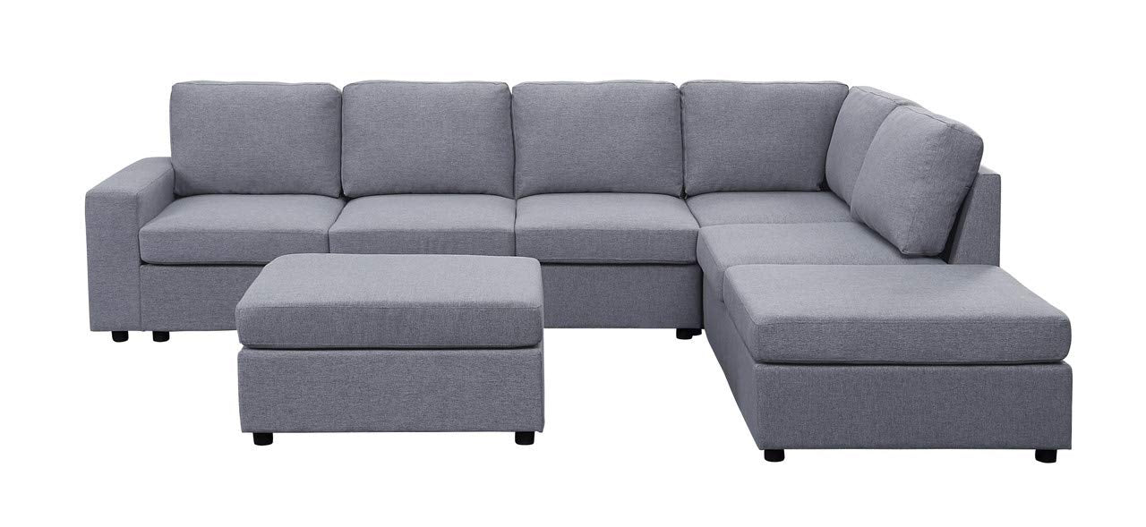 Lilola Home Marley Light Gray Linen 7 Seat Reversible Modular Sectional Sofa with Ottoman