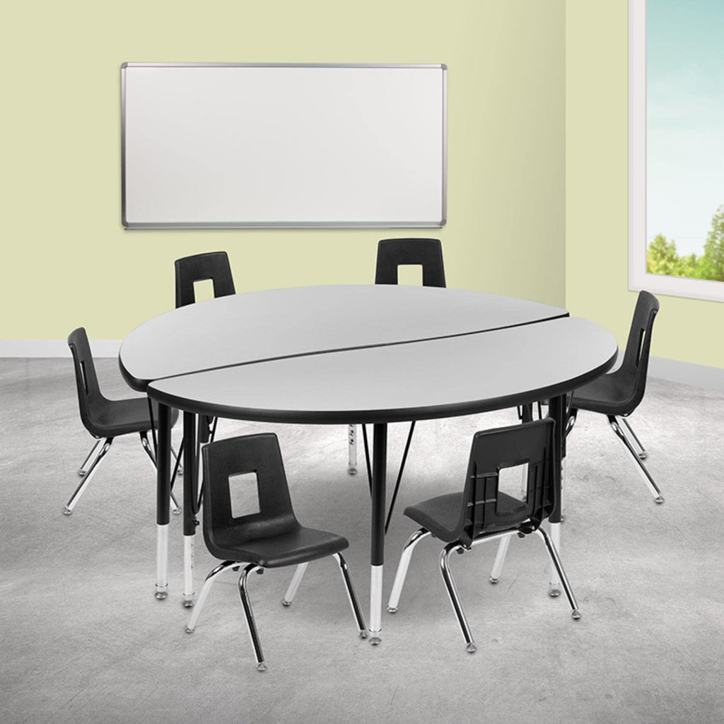Flash Furniture 47.5" Circle Wave Collaborative Laminate Activity Table Set With 14" Student Stack Chairs, Grey/Black