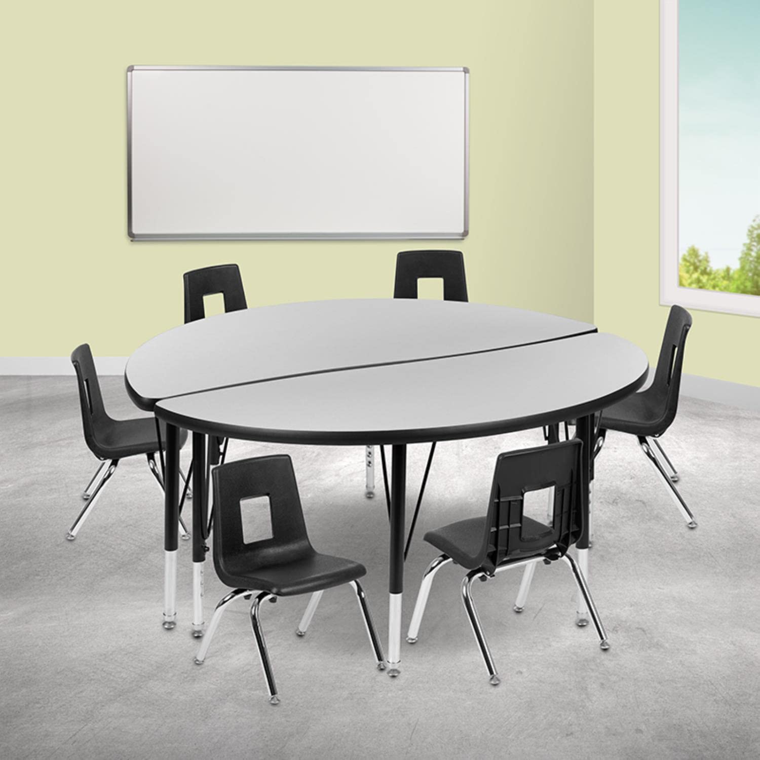 Flash Furniture 47.5" Circle Wave Collaborative Laminate Activity Table Set With 14" Student Stack Chairs, Grey/Black