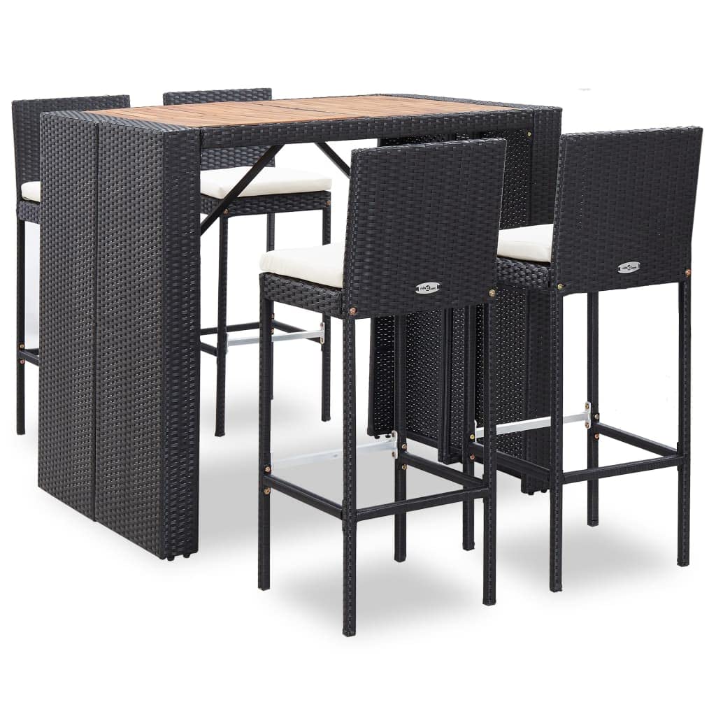 vidaXL Patio Bar Set 5 Piece, Outdoor Bar Table Set with Wood Tabletop, Patio Furniture Set with Cushions, Dining Set for Garden, Rattan and Wood Black