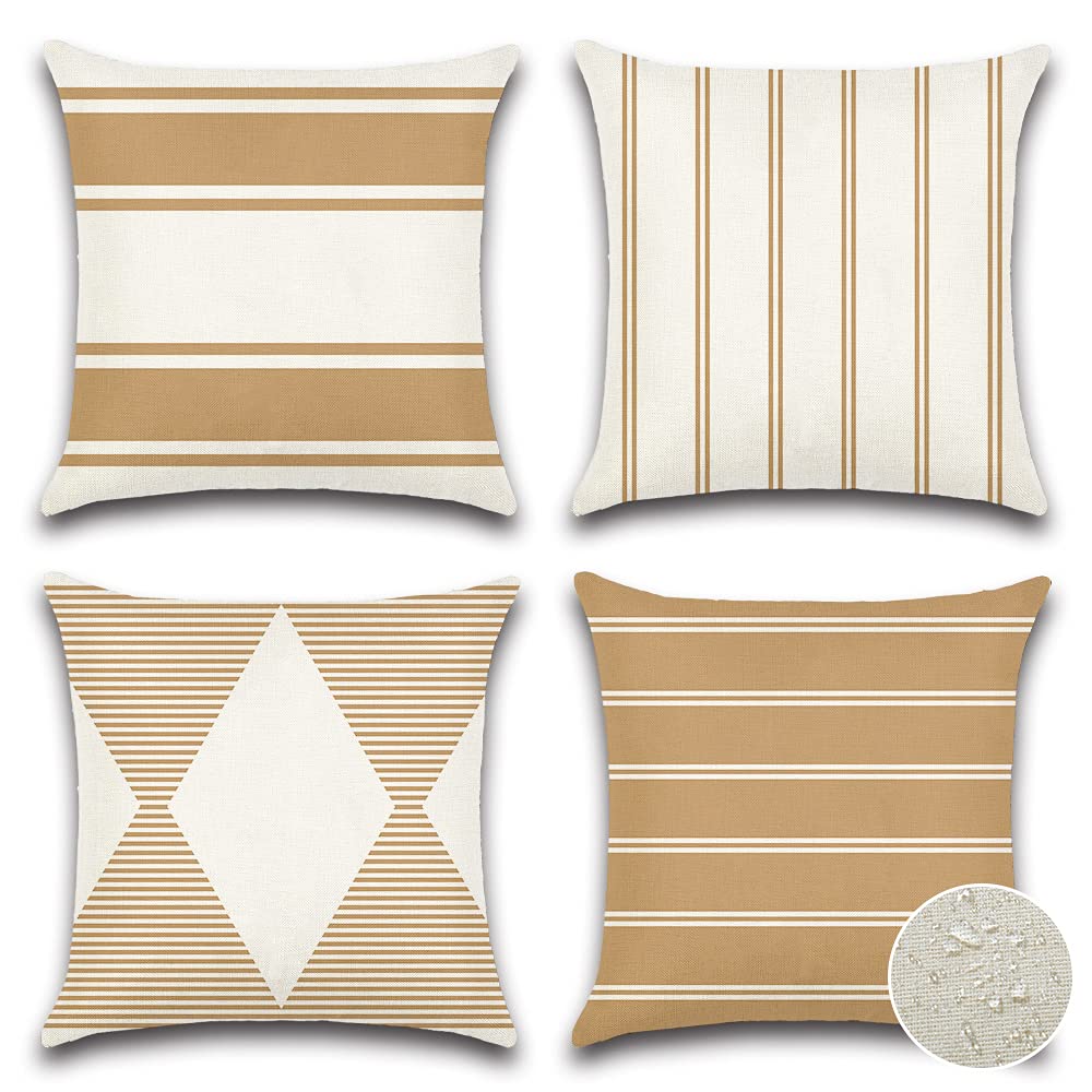 Otostar Decorative Outdoor Throw Pillow Covers 16X16 Inch Waterproof Geometry Pillow Cover Garden Cushion Case Patio Outdoor Pillows Shell For Couch Indoor Tent Park Furniture Set Of 4 (Light Coffee)