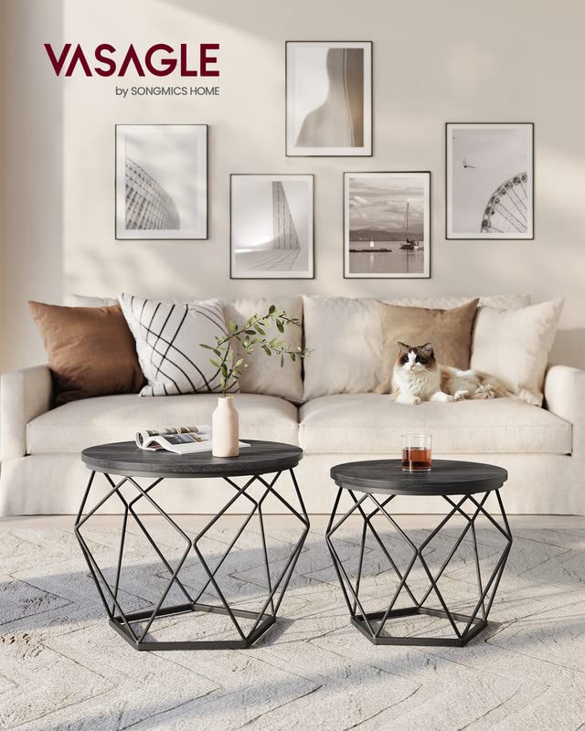 Vasagle Small Coffee Table Set Of 2, Round Coffee Table With Steel Frame, Side End Table For Living Room, Bedroom, Office, Charcoal Gray And Ink Black