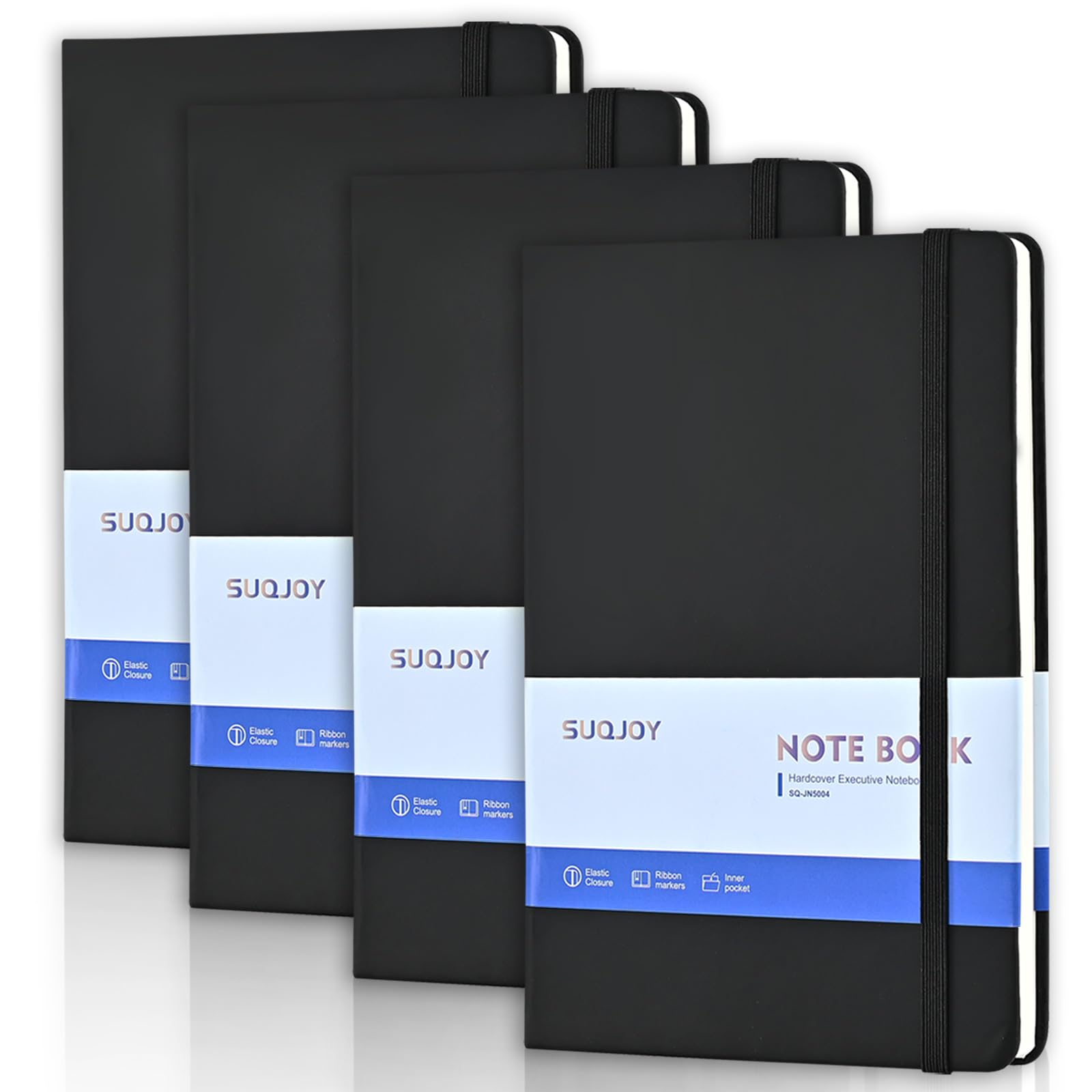 Suqjoy Journals Notebook, 4 Pack 160 Pages, A5 Size Black Notebooks College Ruled, Hardcover Notebook With 100 Gsm Thick Paper,