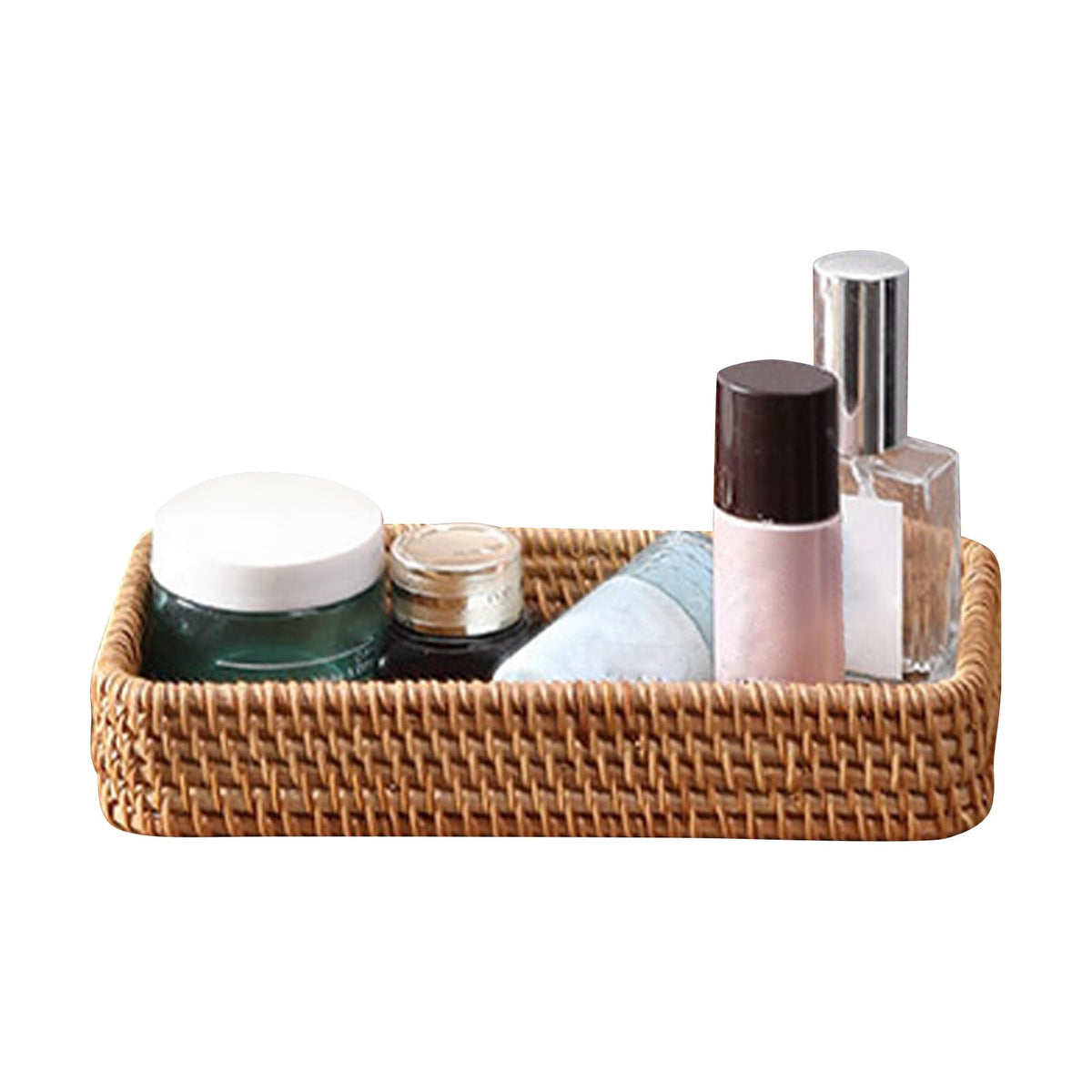 8in Rattan Bathroom Vanity Tray, Small Vintage Storage Basket Bin