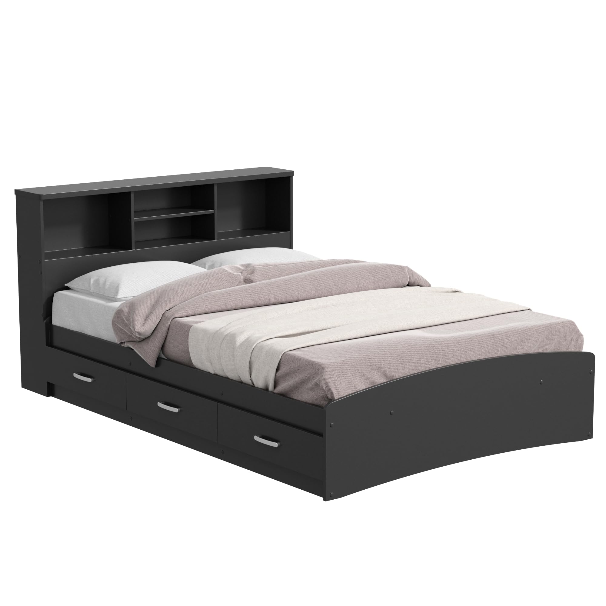 Bed with 3 Drawers and Bookcase Headboard (Black, Full)