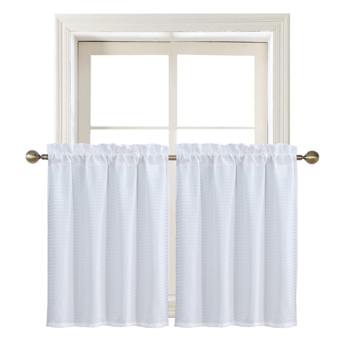 Home Queen White Water Resistant Bathroom Window Curtain, Waffle Textured Half Tier Curtains For Kitchen Cafe, 28' W X 36' L I