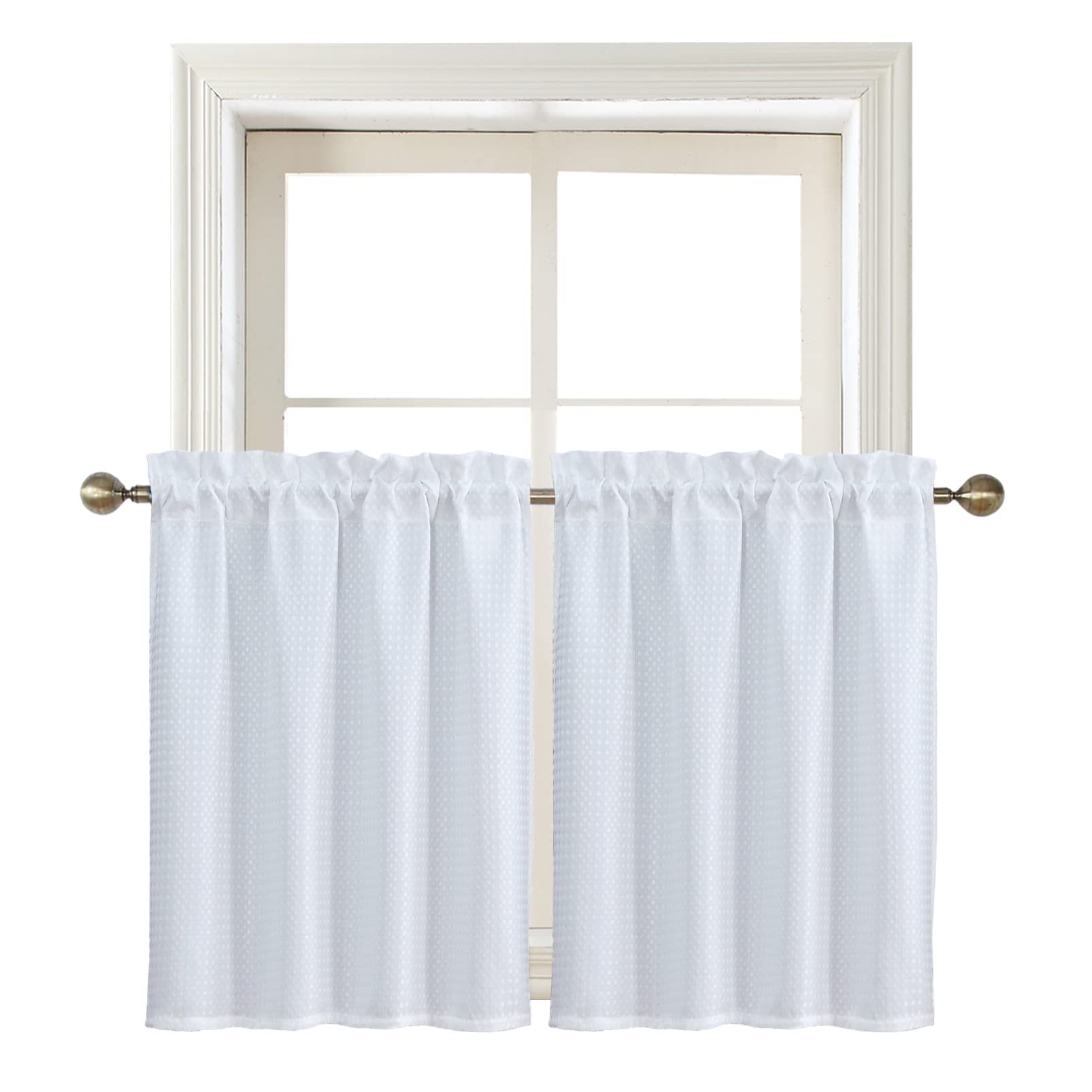 Home Queen White Water Resistant Bathroom Window Curtain, Waffle Textured Half Tier Curtains For Kitchen Cafe, 28' W X 36' L I