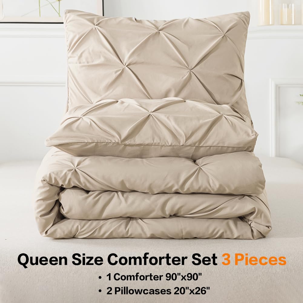 Andency California King Comforter Set Khaki (104X96Inch), Pinch Pleat Cal King Comforter Set 3 Pieces, Oversized King Pintuck Bed Comforter, Microfiber Down Alternative Comforter Bedding Set