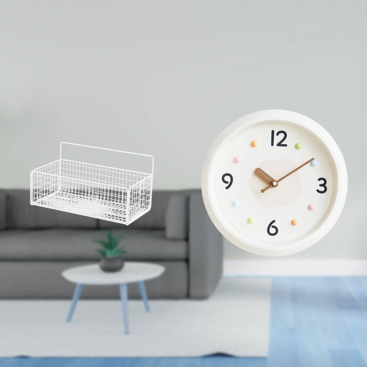 Enakshi Modern Floating Wall Organizer Basket With Large Numerals Quiet Clock For Kitchen Bathroom Living Room Office Study Room