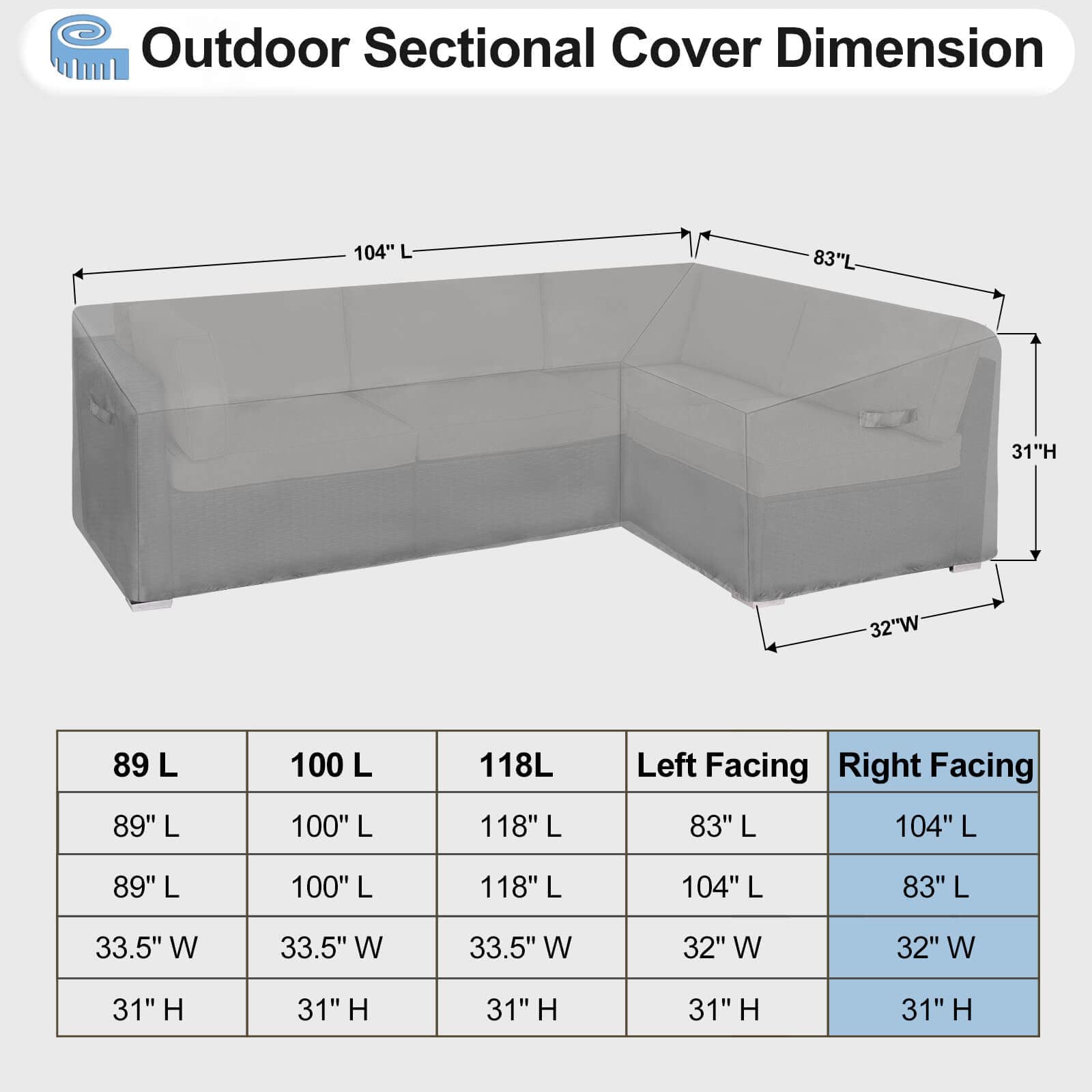 Outdoorlines Waterproof Outdoor Patio Sectional Cover - Uv Resistant & Windproof L-Shaped Patio Furniture Covers For Deck, Lawn And Backyard, 420D Heavy Duty Couch Cover, Right Facing, 104'X83', Gray