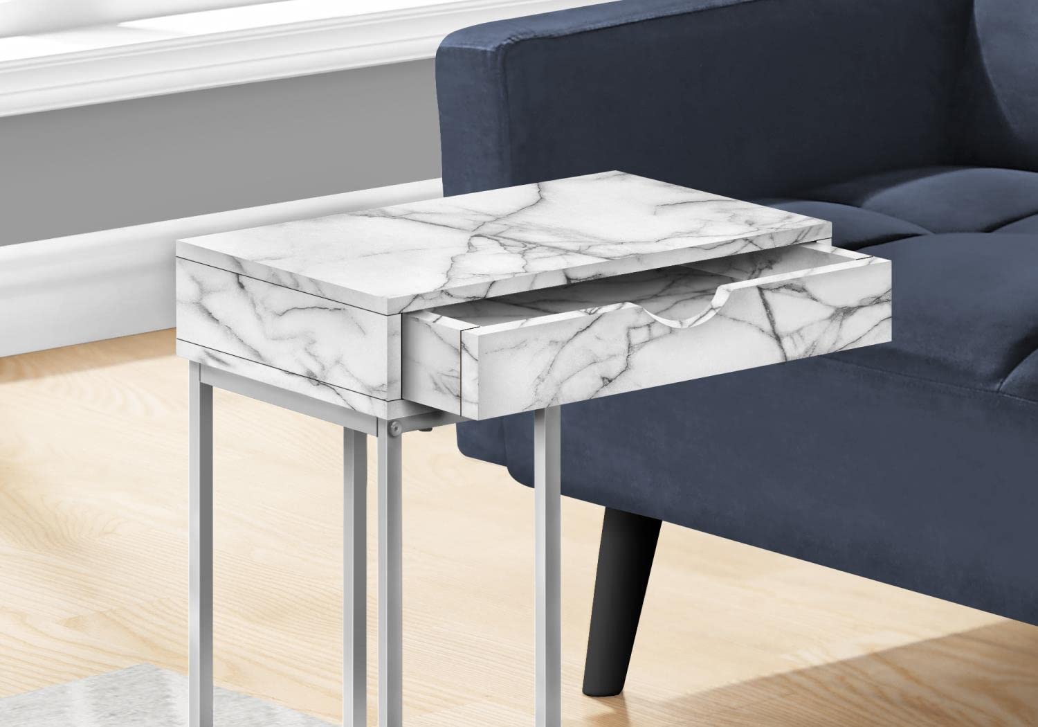 Monarch Specialties I 3772 Accent Table, C-Shaped, End, Side, Snack, Storage Drawer, Living Room, Bedroom, Metal, Laminate, White Marble Look, Grey