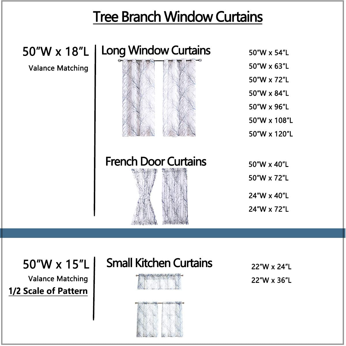 Fmfunctex Blue Kitchen Curtains 36    Grey Tree Print On White Tier Curtain Set For Small Windows Basement Room Bathroom, 2 Pane