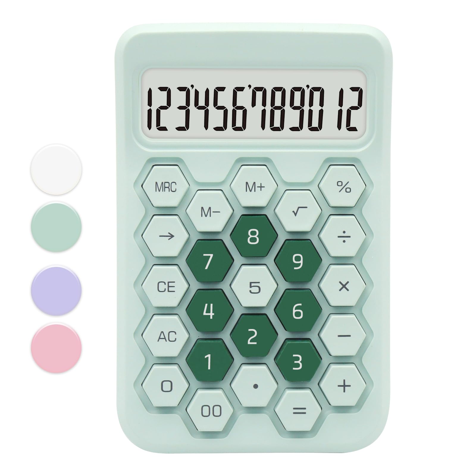 Green Office Calculator - 12 Digit Large Lcd Display, Hexagonal Buttons, Desk Accessory