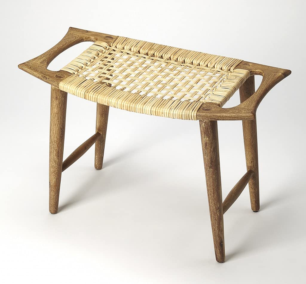 HomeRoots Mango Wood Solids, Woven Cane Natural Wood Finish Cane Stool