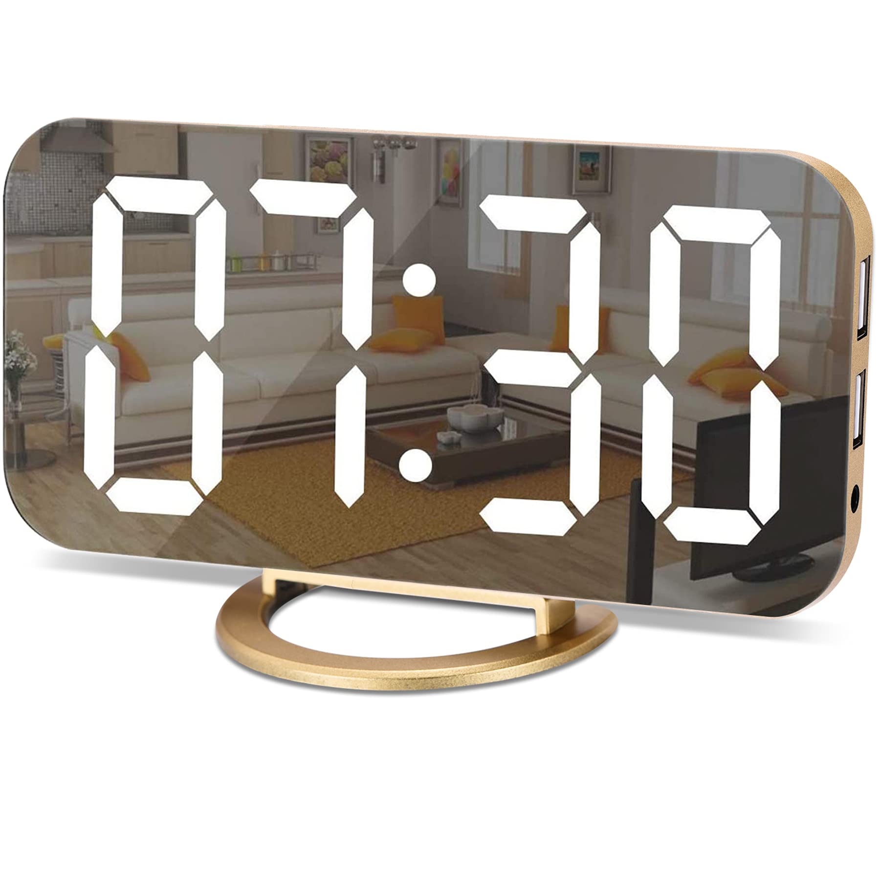 SZELAM Digital Alarm Clock,LED and Mirror Desk Clock Large Display,with Dual USB Charger Ports,3 Levels Brightness,12/24H,Modern