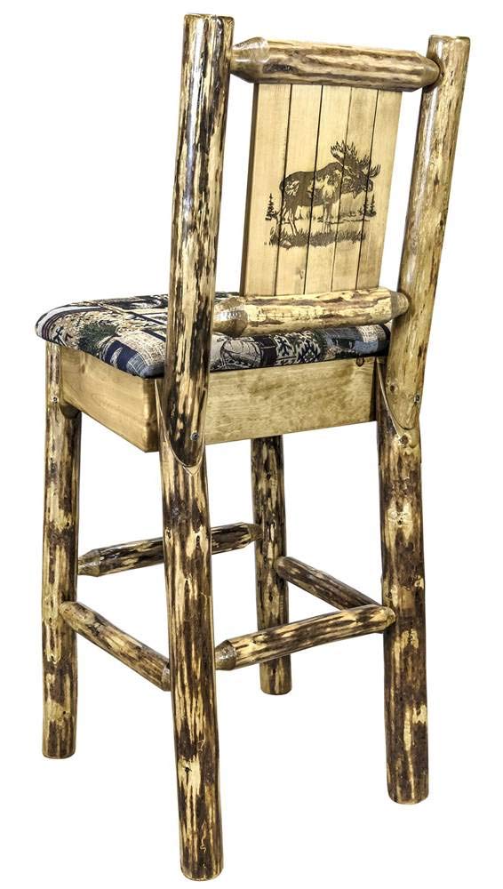 Montana Woodworks Glacier Country Collection Barstool with Upholstered Seat, Woodland Pattern, Laser Engraved Moose Design, Stained & Lacquered