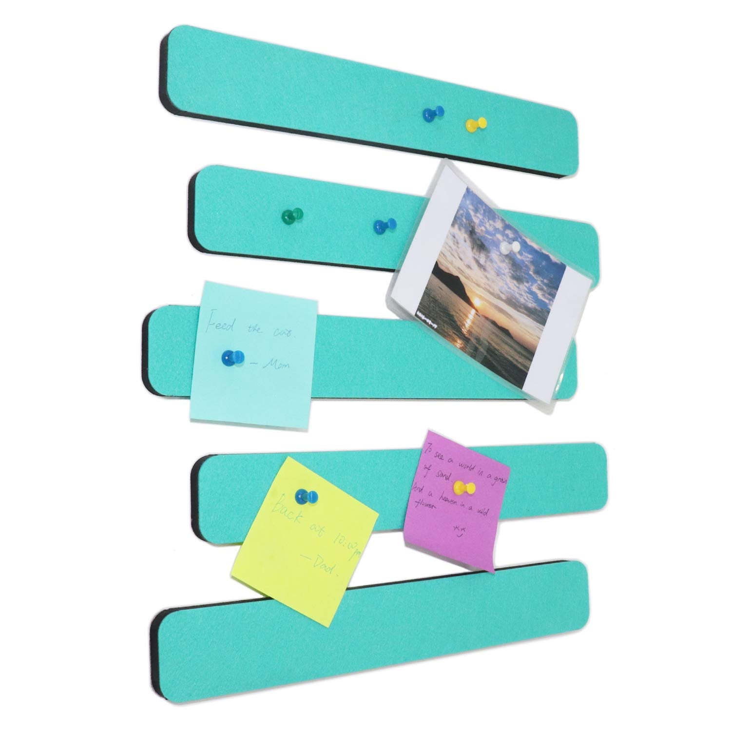 Omitfu Felt Bulletin Board Bar Strip 0.5 Inch Thick Self-Adhesive Pin Board Bar 13 Inch In Length With 15 Pushpins, 5 Turquoise