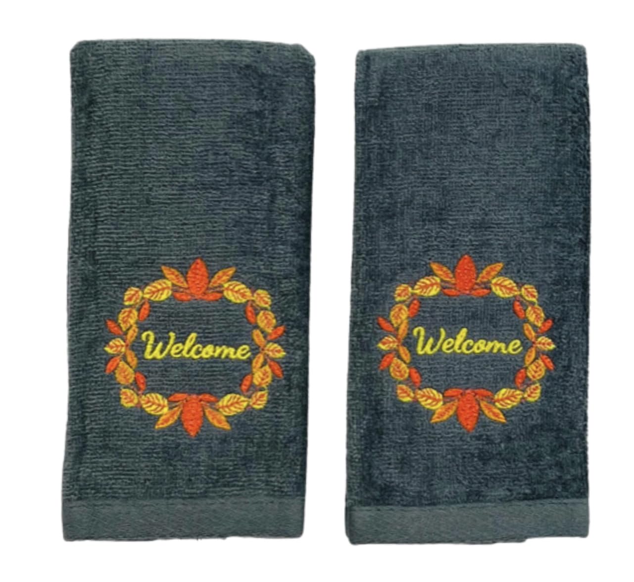 Decorative Fall Harvest Hand Fingertip Towels: Cute Welcome Wreath on Plush Soft Cotton Grey Orange, Set of 2 12 x 18