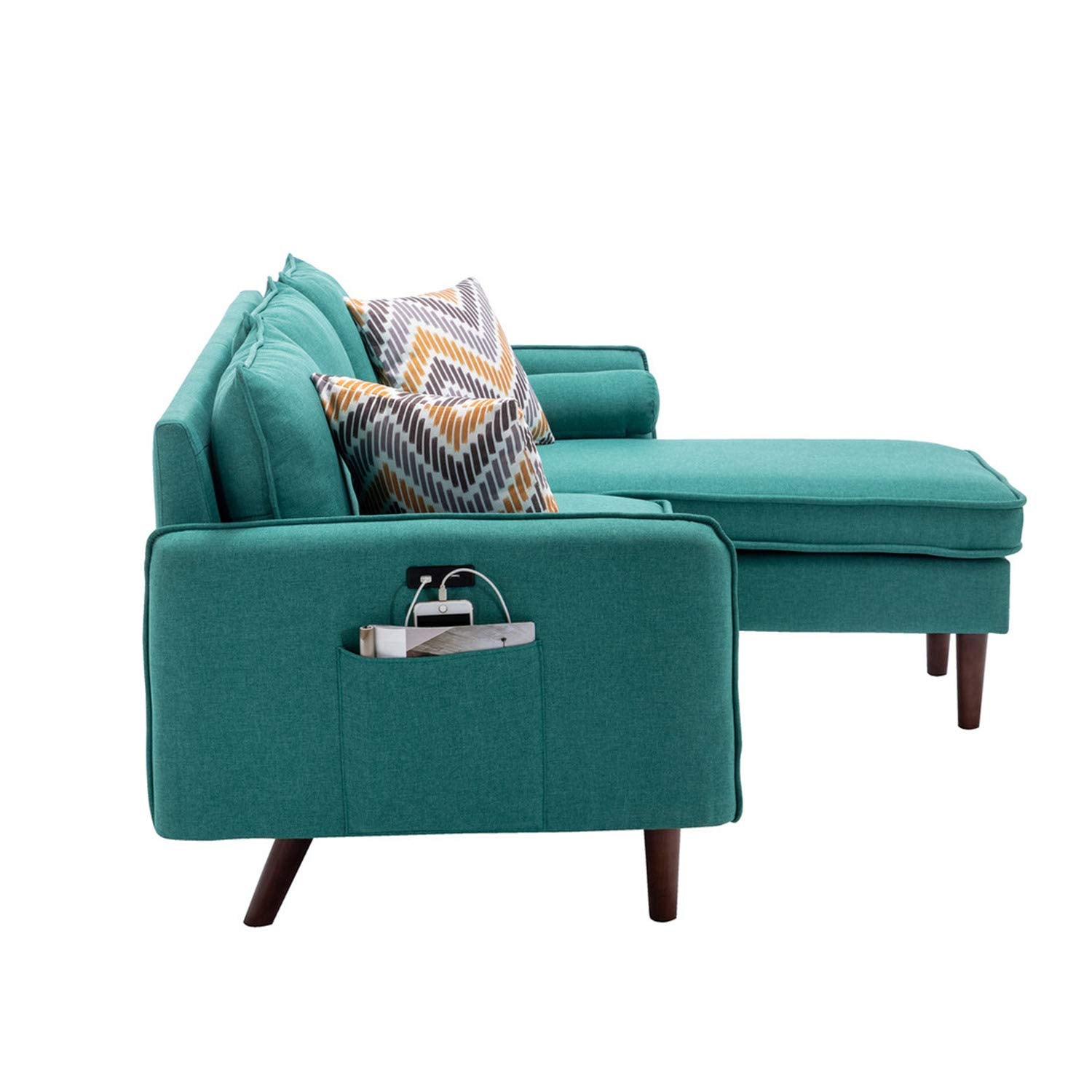 Lilola Home Mia Green Sectional Sofa Chaise with USB Charger & Pillows