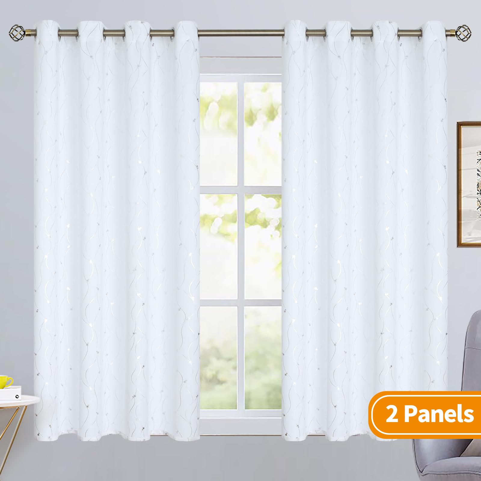 Bgment Room Darkening Curtains 54 Inches Long, Grommet Thermal Insulated Blackout Curtains With Wave Line And Dots Printed For Bedroom, 2 Panels, Each 52 X 54 Inch, Pure White