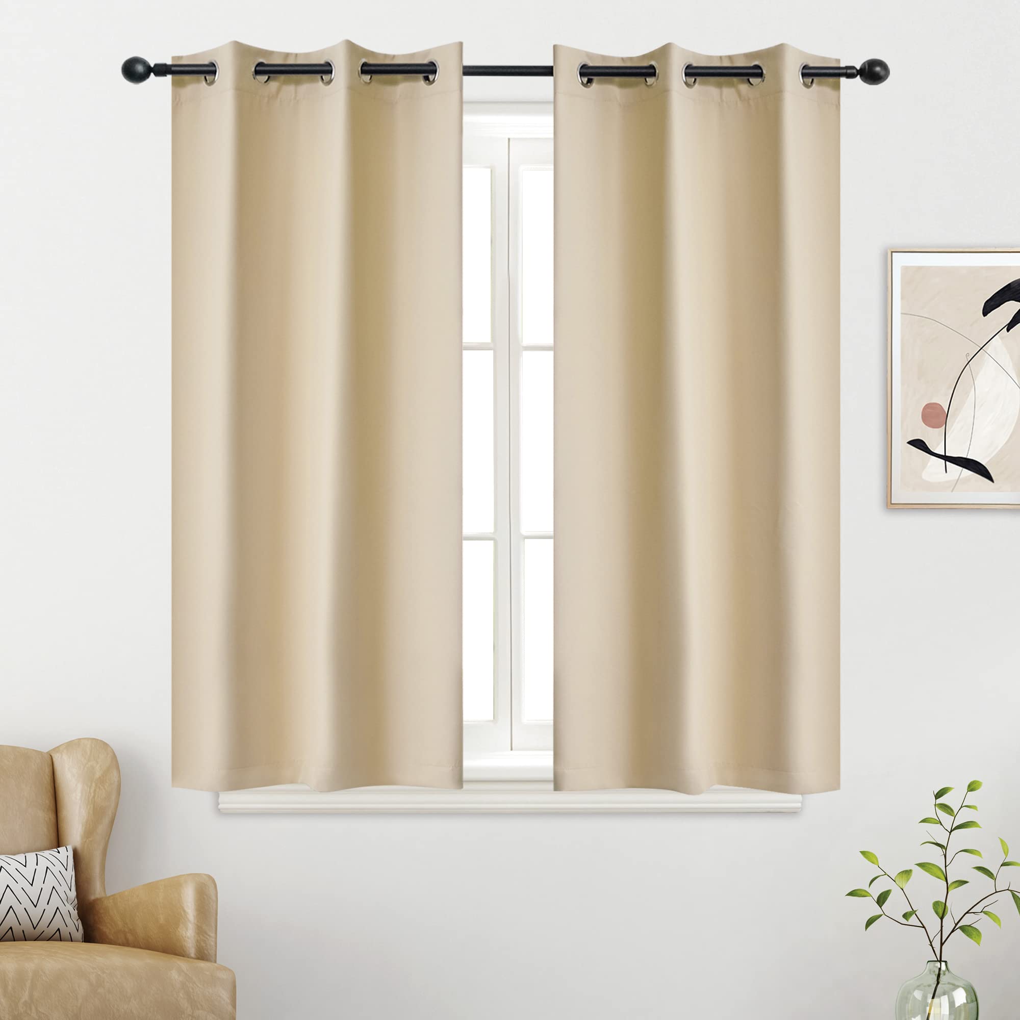 Ygo Beige Blackout Solid Curtains - Room Darkening Grommet Drapes Thermal Insulated Small Window Curtains For Kids Room, 2 Panel