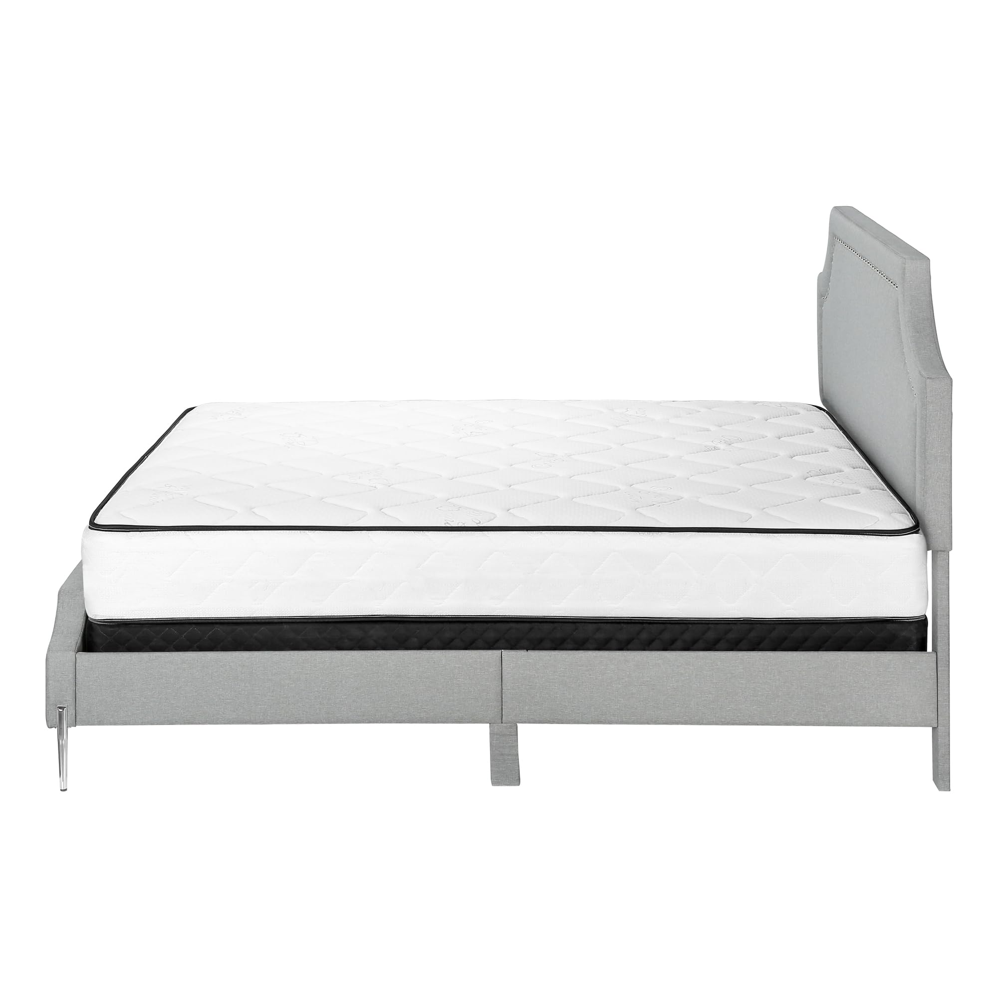 Monarch Specialties I 6035Q Bed, Frame, Platform, Bedroom, Queen Size, Upholstered, Linen Look Fabric, Metal Legs, Grey, Chrome, Contemporary, Modern