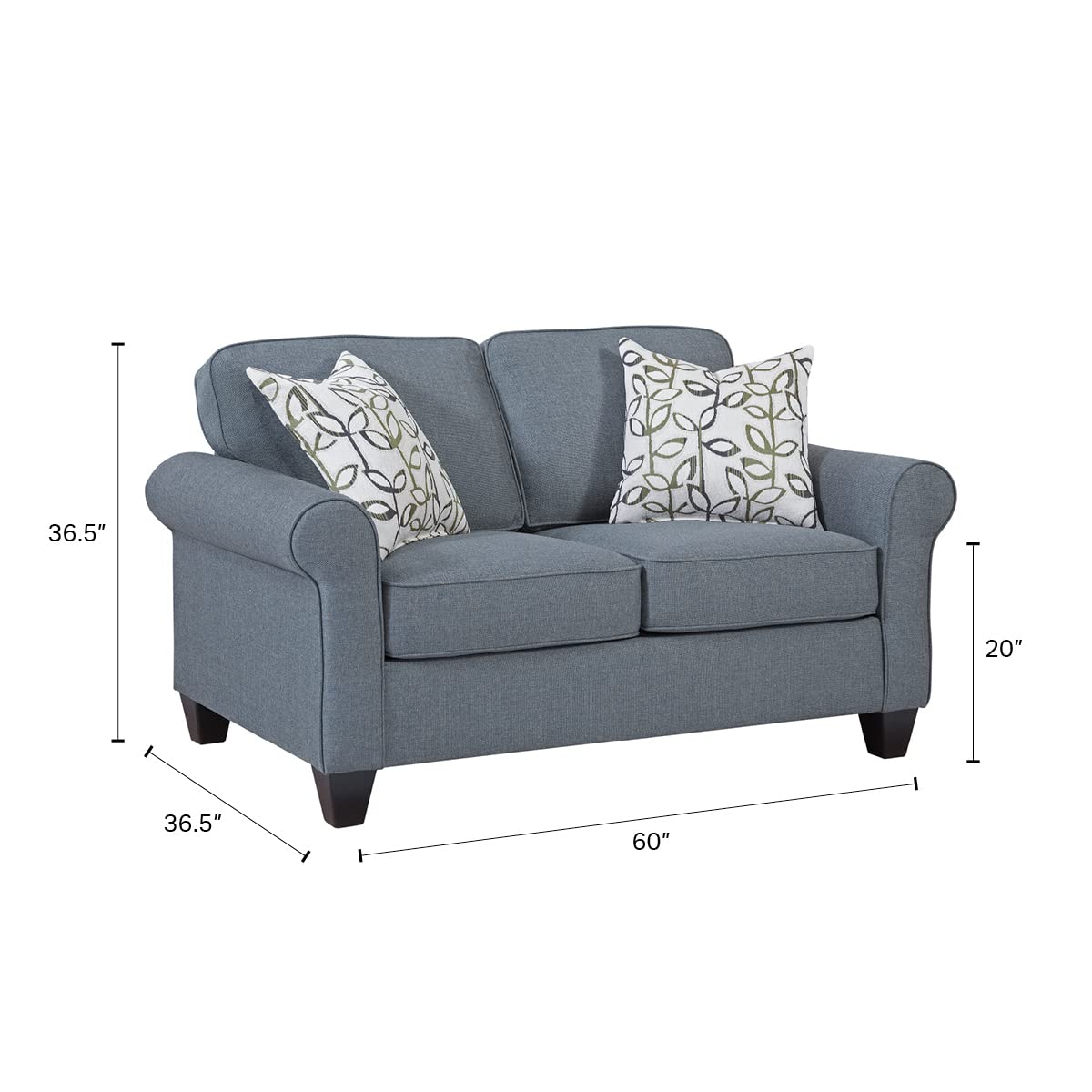American Furniture Classics Model 8-020-A330V16 Classic Cottage Series Blue Fabric Loveseat With Rolled Arms And 2 Accent Pillows