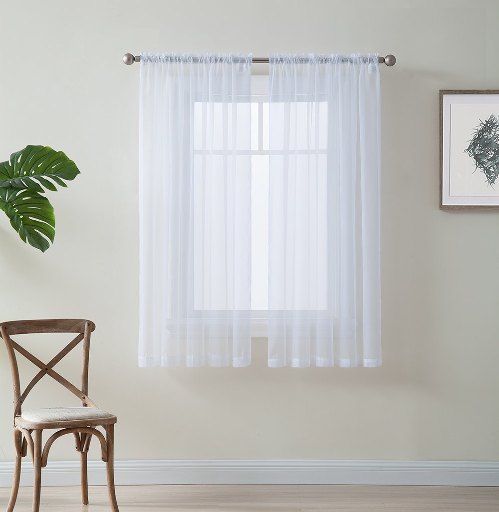 Hlc.Me White Sheer Voile Window Treatment Rod Pocket Curtain Panels For Bedroom, Kitchen And Small Windows (54 X 63 Inches Long,