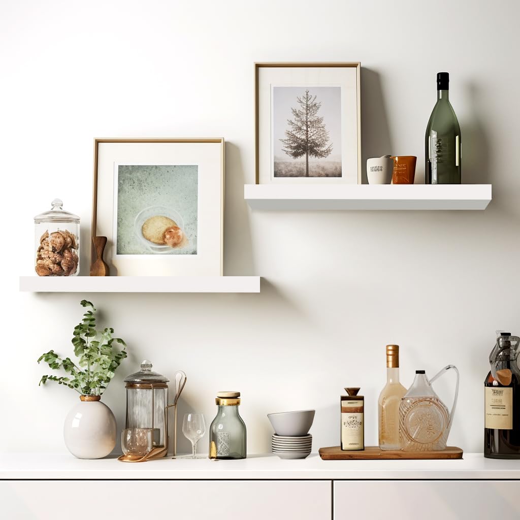 Lavie Home Floating Shelves, 15.6 Inch Wall Shelf Set Of 3, Hanging Shelf With Invisible Brackets, Wall Decor For Bathroom, Bedroom, Living Room, Kitchen Storage, Modern White