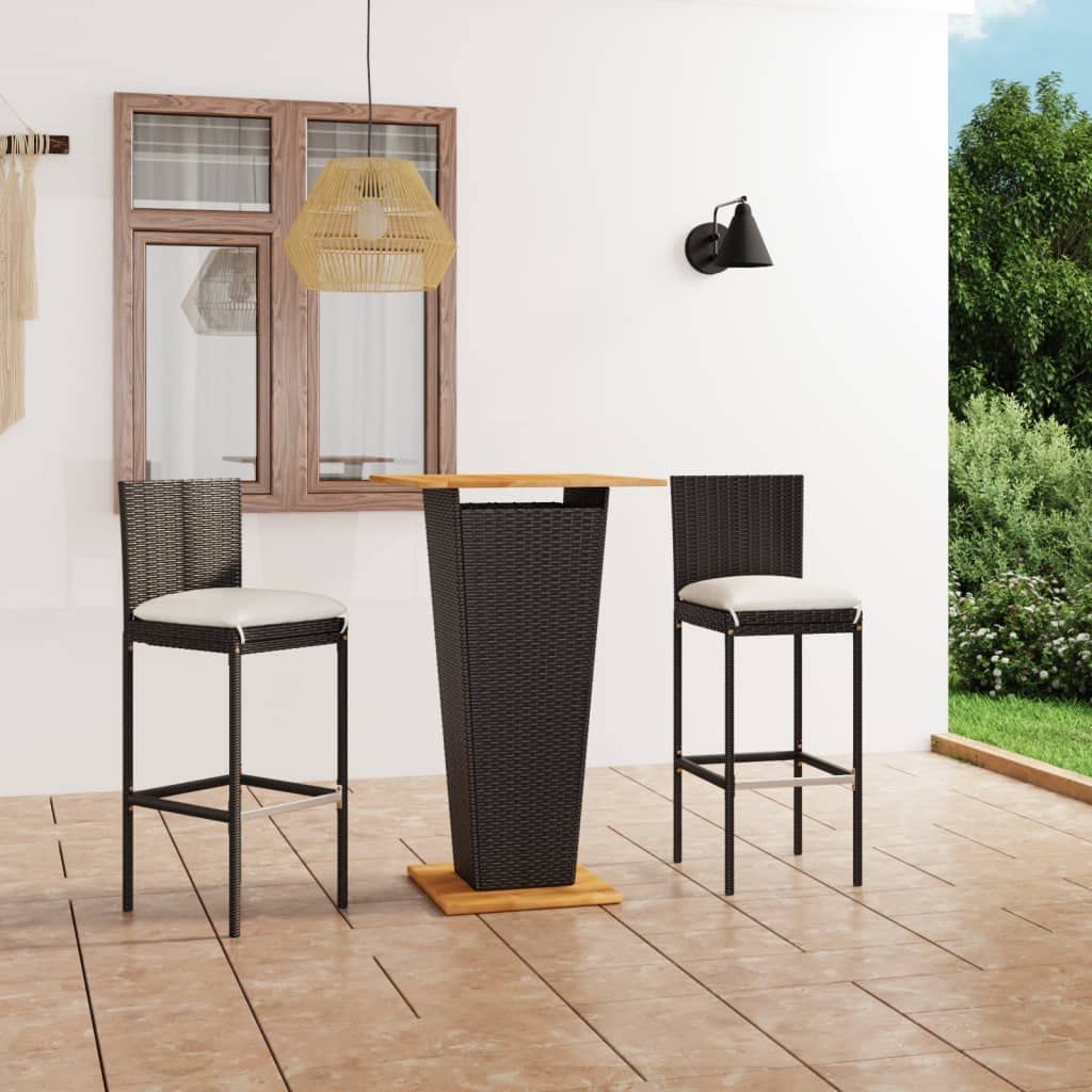 vidaXL 3 Piece Patio Bar Set with Cushions - Poly Rattan Black - Powder-Coated Steel Frame and Solid Acacia Wood - Outdoor Furniture for Garden, Deck, Backyard