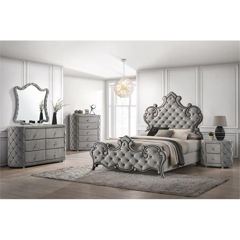 Acme Furniture 6 Drawers Upholstered Dresser with Button Tufting, Gray Velvet