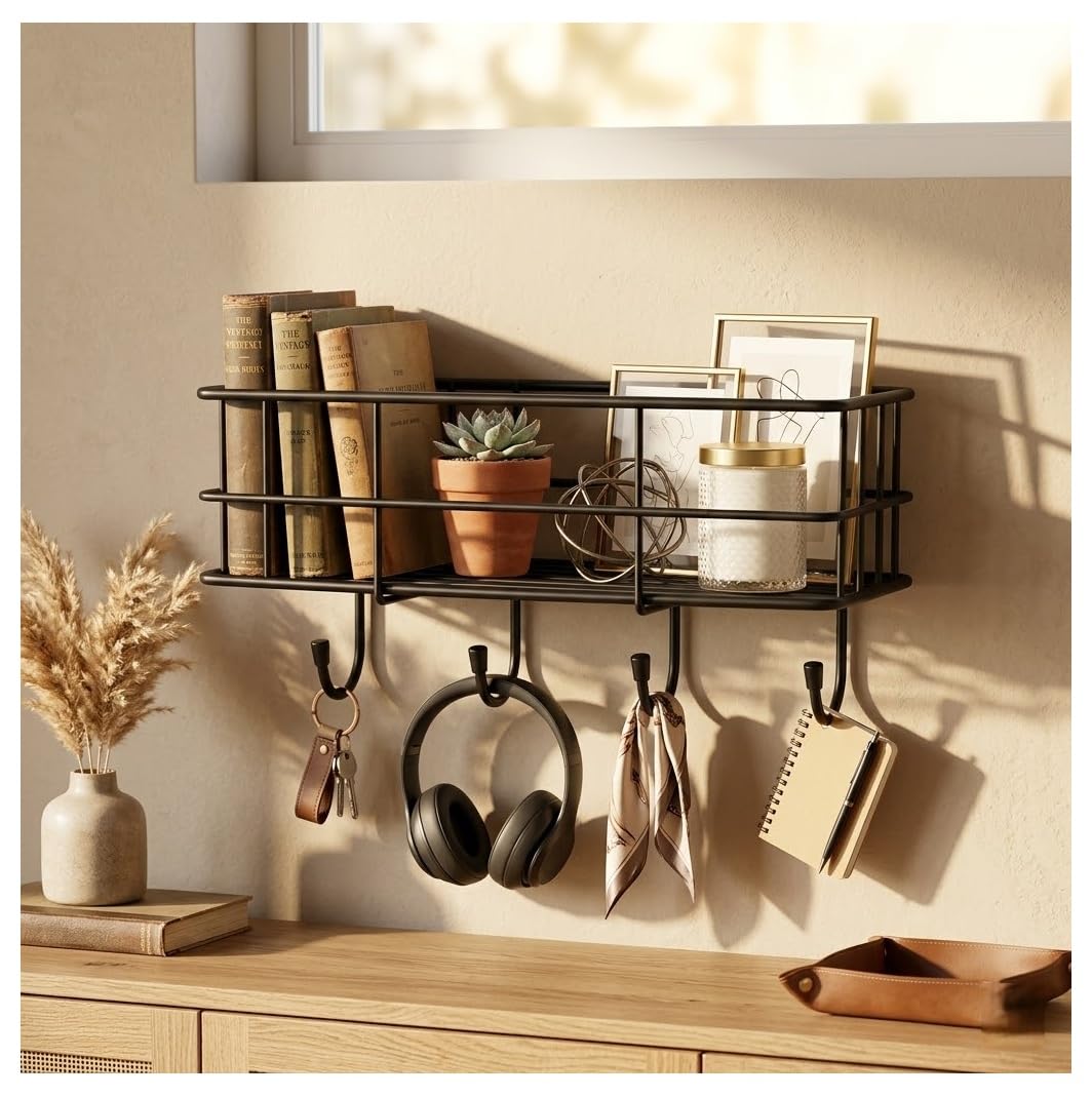 Pistis Wall Mounted Bathroom Shelf Organiser With Hooks, Black, SelfAdhesive, Multipurpose Rack, Set Of 1