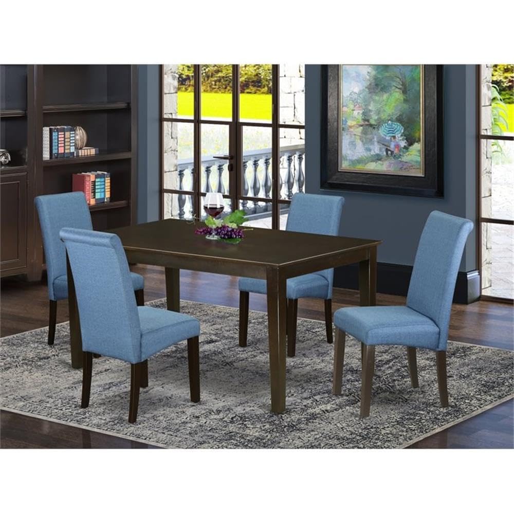 East West Furniture Caba5-Cap-21 5 Piece Kitchen Table & Chairs Set Includes A Rectangle Dining Room Table And 4 Blue Color Linen Fabric Parsons Dining Room Chairs, 36X60 Inch, Cappuccino