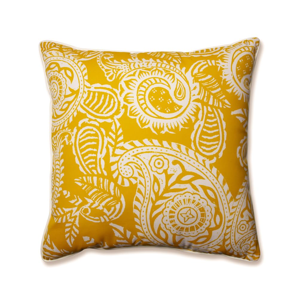 Pillow Perfect Paisley Indoor/Outdoor Accent Throw Pillow, Plush Fill, Weather, And Fade Resistant, Floor - 25' X 25', Yellow/