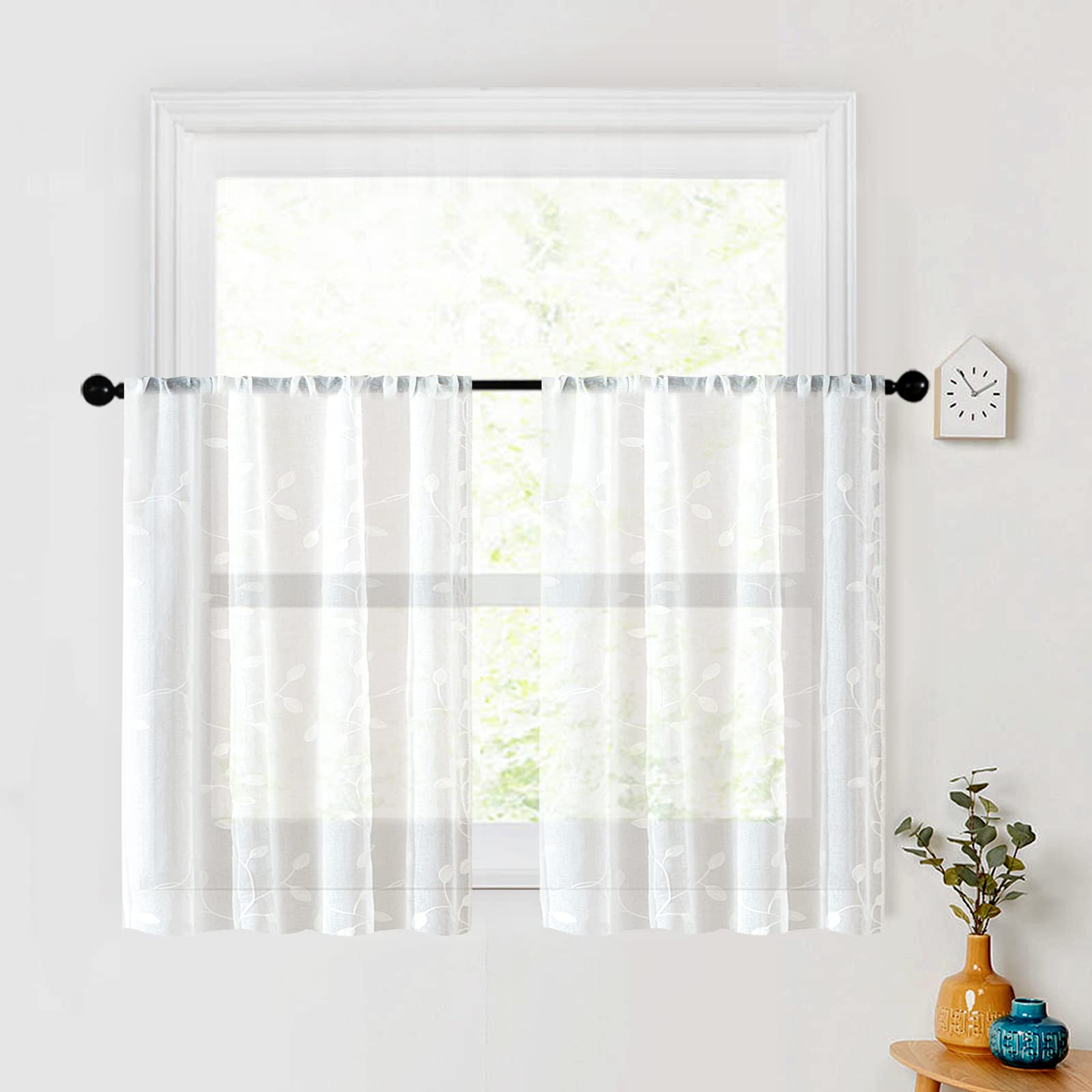 Mrtrees Sheer Tier Curtains, Christmas Short Kitchen Tiers Rod Pocket, Leaves Embroidery Bathroom Curtain Panels Small Voile Hal