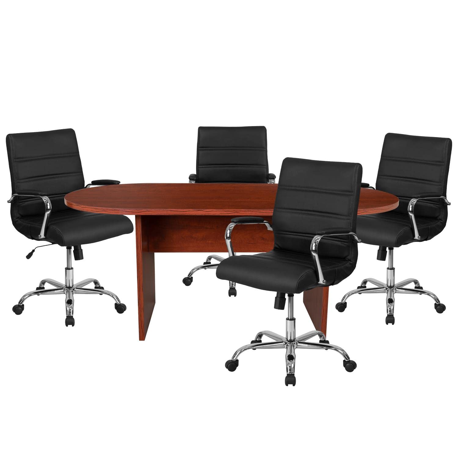 Flash Furniture 5 Piece Cherry Oval Conference Table Set With 4 Black And Chrome Leathersoft Executive Chairs