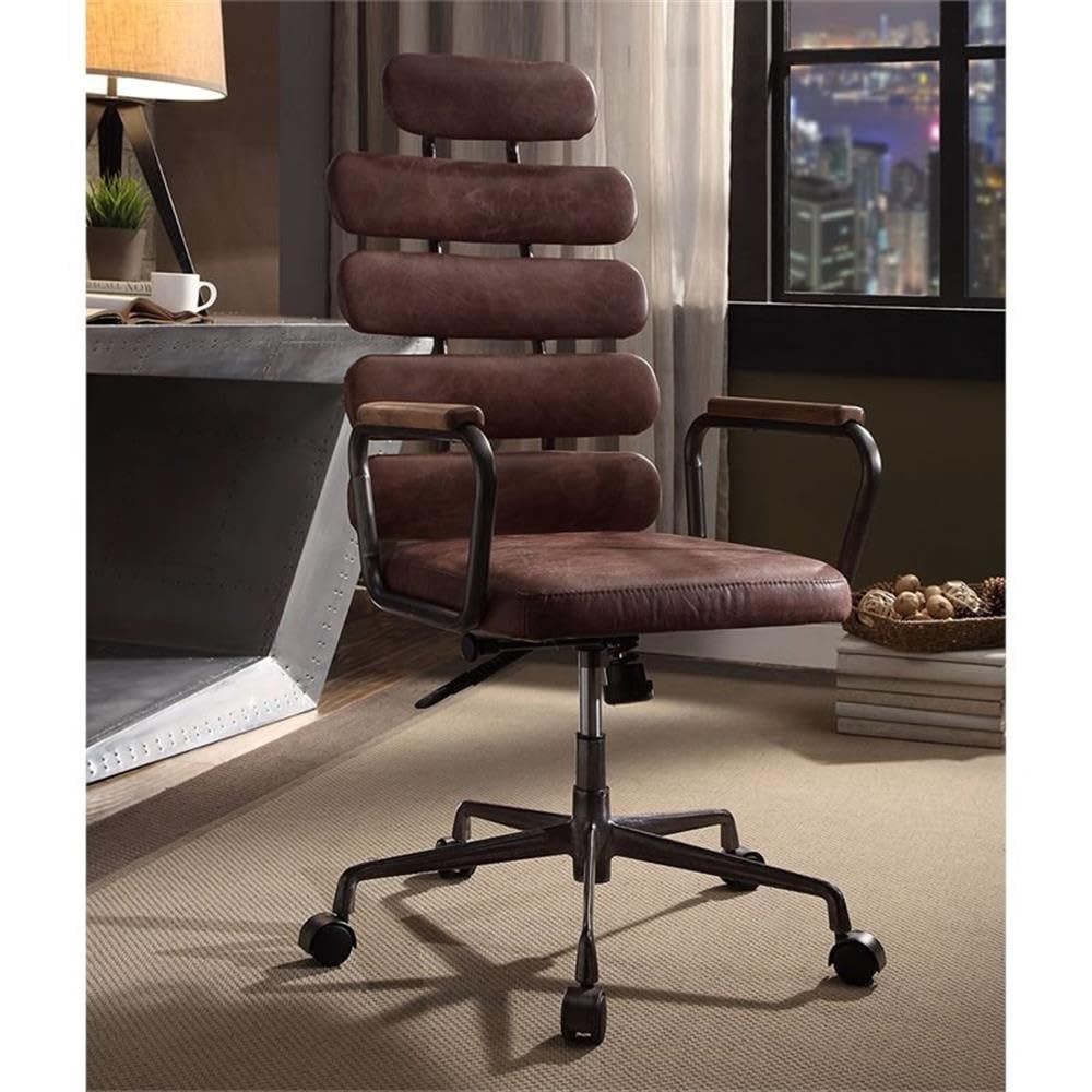 Acme Calan Leather High Back Adjustable Swivel Office Chair in Whiskey Brown